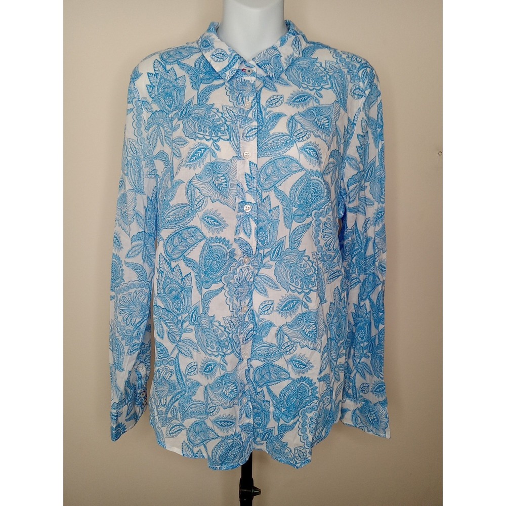 Workshop Women Blue White Paisley Collared Lingskeeve Lightweight Shirt Size Xl